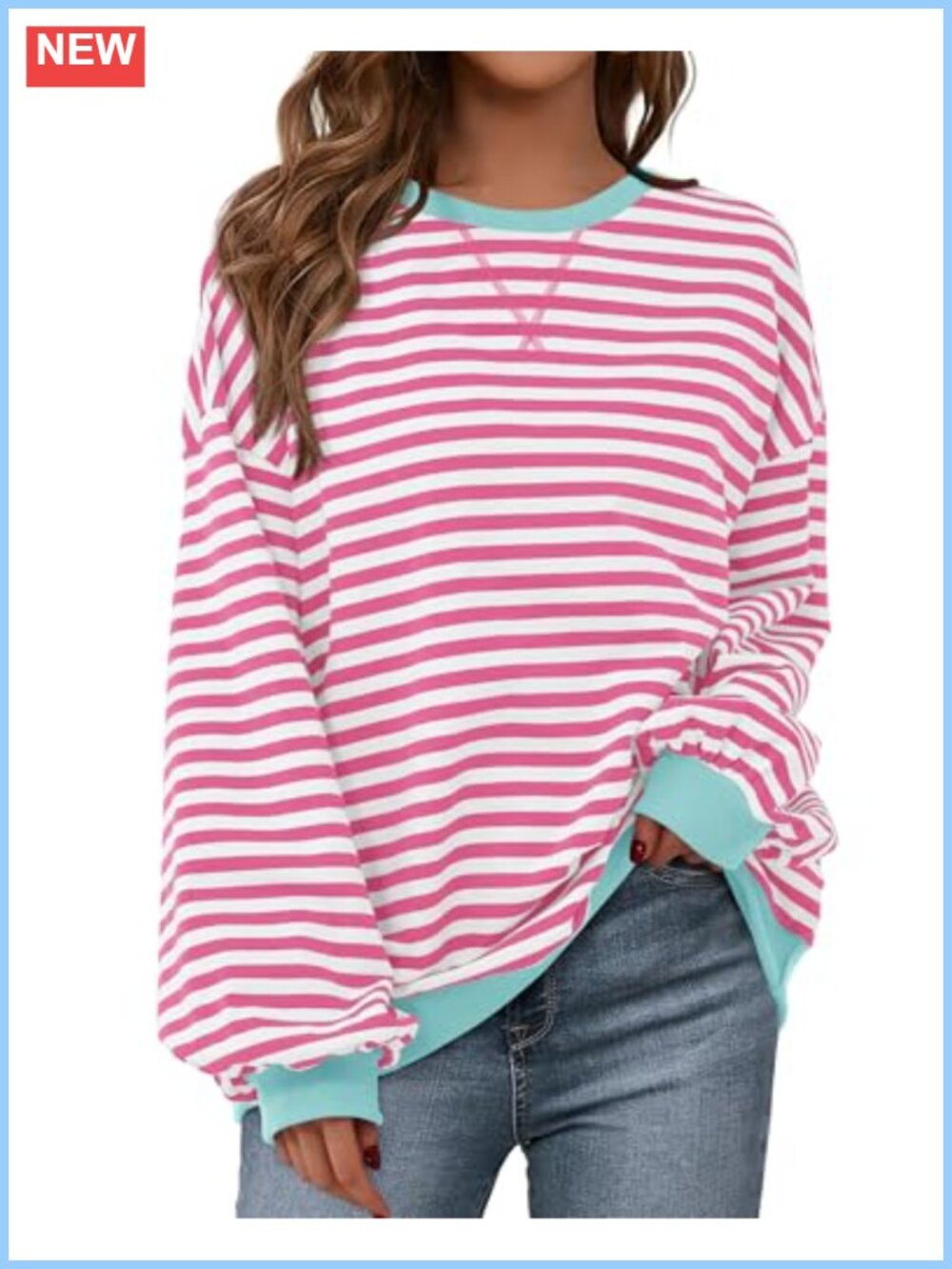 Oversized Striped Lantern Sleeve Sweatshirt Crewneck Loose Fit Pullover